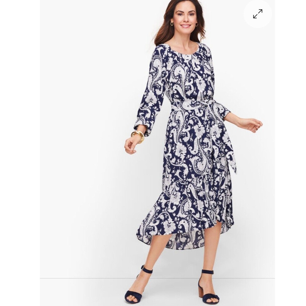 Nwt Women Talbots Navy/White Floral Viscose Long Sleeve Belted Midi Dress Sz 2X